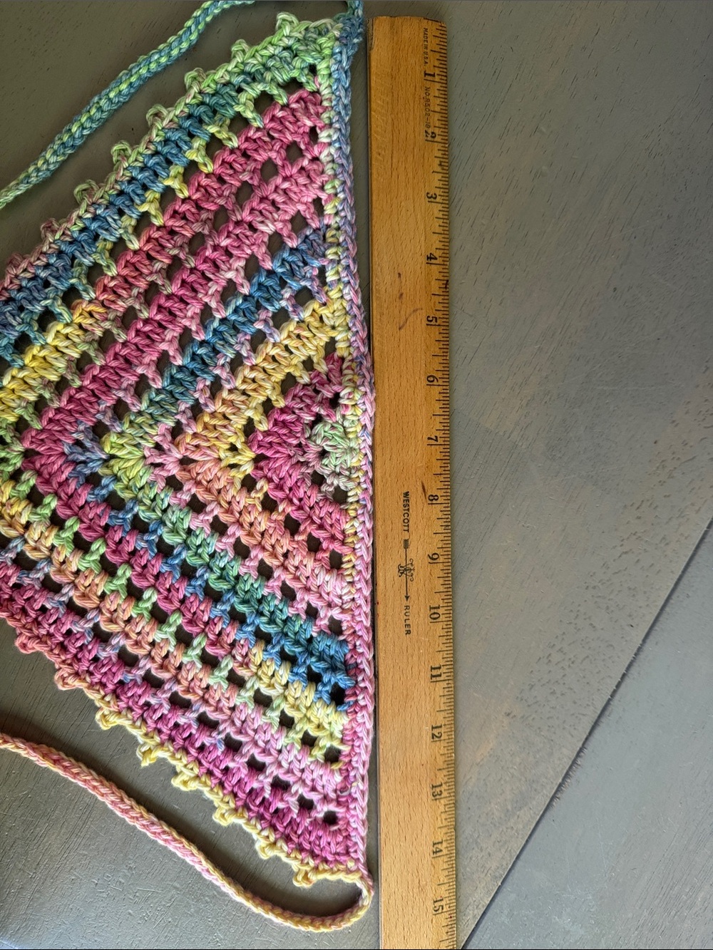 Handmade Crocheted Bandana Hair Scarf Kerchief in Pastel Rainbow 100% Cotton - Picture 4 of 7